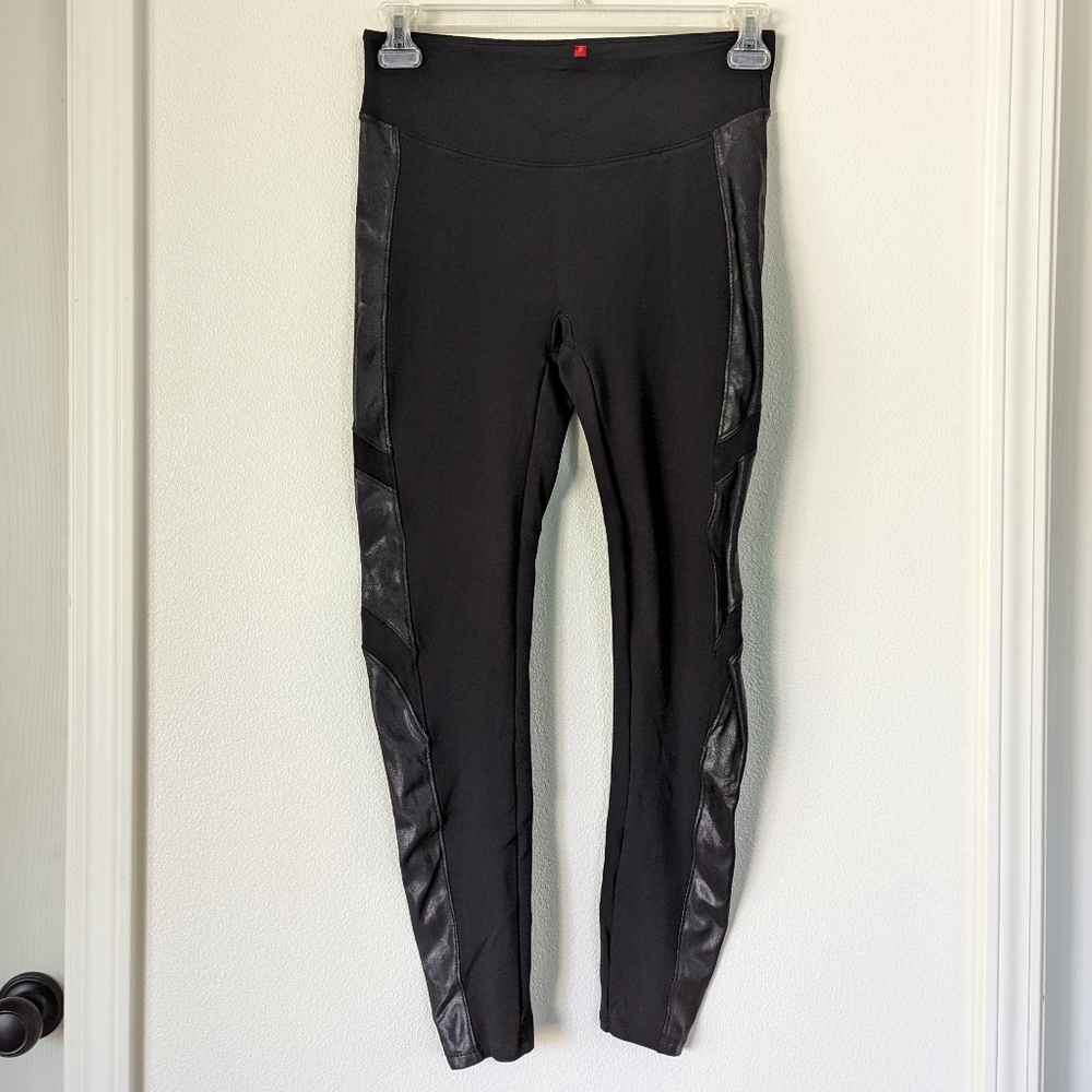 SPANX Moto Ponte Black High Waisted Leggings Faux Leather Detail Size L…